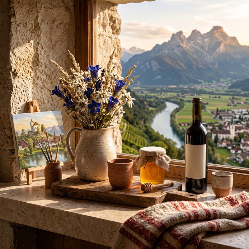 Fensterbank mit Alpenblumen, Honig und Wein vor Bergen und See